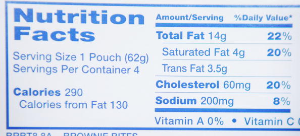 A Nutrition Facts label listing the amount of trans fat in a product. A Nutrition Facts label listing the amount of trans fat in a product.