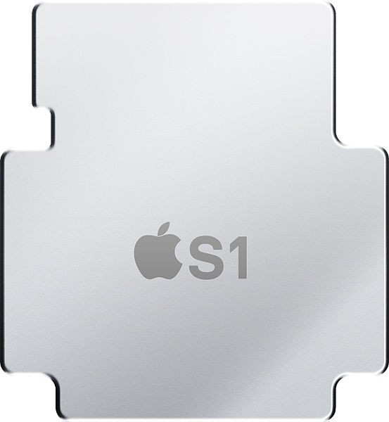 An illustration of Apple's A1 integrated computer for the Apple Watch with its metal heatspreader showing. Inspiration for this picture comes from Apple's promo video for the Apple Watch.