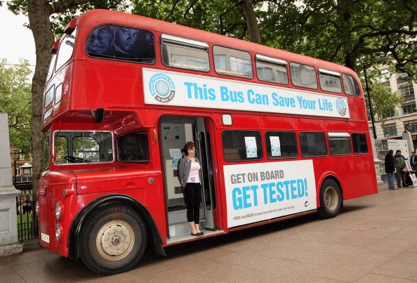 A bus in London promoting hepatitis C testing. A drug comapny that makes an effective but expensive drug for the disease is facing patent challenges. 