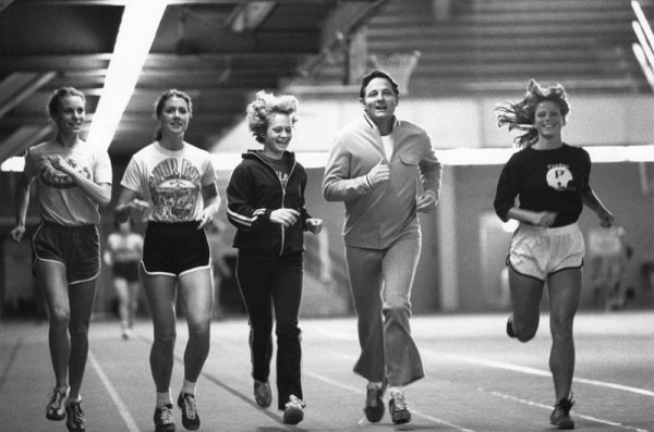  Senator Birch Bayh exercises with Title IX athletes at Purdue University, ca. 1970s.