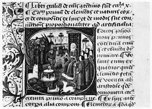 An illustration of Galen giving a lecture on medicine. A version of one of Galen's books has been brought back together. 