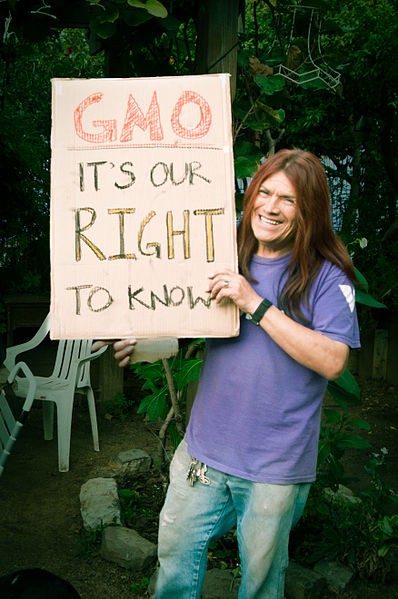 A protester in San Francisco, California, advocates for the labeling of GMO constituents in foodstuffs.