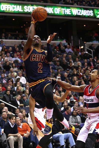 WASHINGTON, DC - JANUARY 06: Kyrie Irving #2 of the Cleveland Cavaliers shoots against the Washington Wizards during the first half at Verizon Center on January 6, 2016 in Washington, DC.