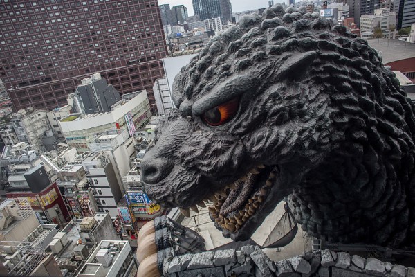 A 12 meter tall Godzilla replica head is seen on the 8th floor terrace of the Hotel Gracery Shinjuku on April 15, 2015 in Tokyo, Japan.