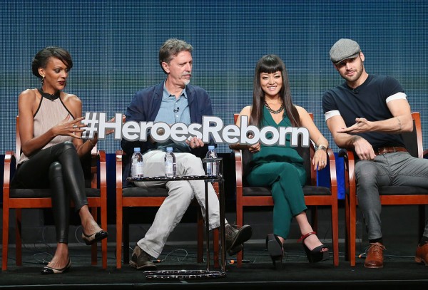 Judi Shekoni, executive producer Tim Kring, actors Kiki Sukezane and Ryan Guzman speak onstage during NBC's 'Heroes Reborn' panel discussion at the NBCUniversal portion of the 2015 Summer TCA Tour 