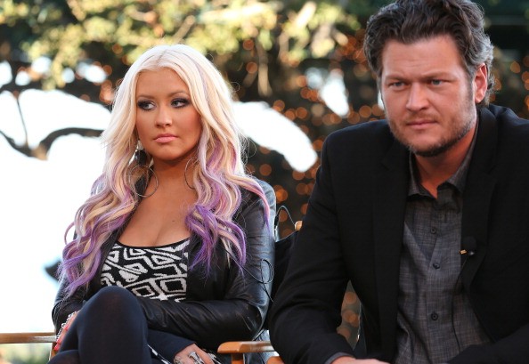 Blake Shelton and Christina Aguilera at a "The Voice" press junket in 2012.