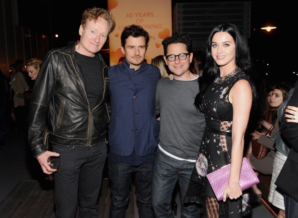  (L-R) TV personality Conan O'Brien, actor Orlando Bloom, host J.J. Abrams and singer Katy Perry attend Coach's 3rd Annual Evening of Cocktails and Shopping On April 10, 2013 in Santa Monica, California.