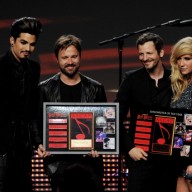 (L-R) Singer Adam Lambert, Songwriters of the Year Max Martin and Lukasz 'Dr. Luke Gottwald and singer Kesha