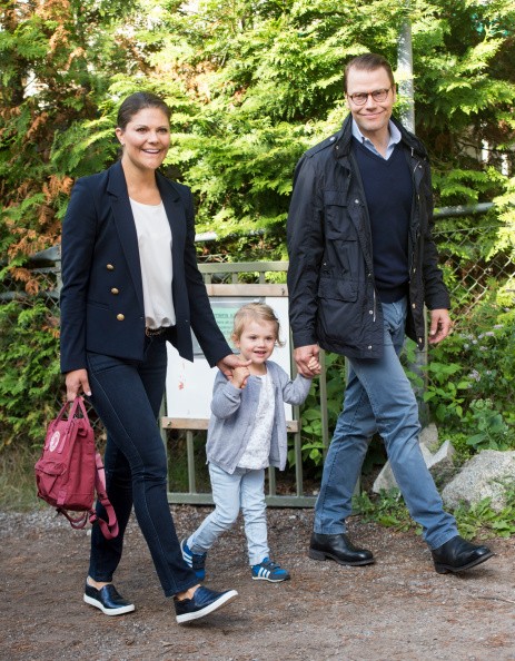 Crown Princess Victoria of Sweden and Prince Daniel, Duke of Vastergotland attend a photocall on Princess Estelle's first day at pre-school on August 25, 2014 in Stockholm, Sweden.