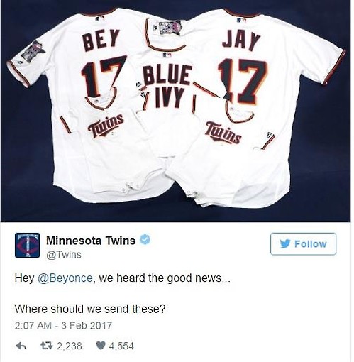 Beyonce Pregnancy News: MLB Minnesota gives uniform gift to Beyonce saying "Because it is twins"