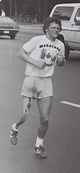 Terry Fox, Canadian cancer fund-raiser, during his 1980 "Marathon of Hope" fund-raising run across Canada. 